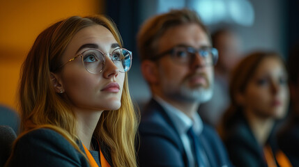 A group of business people at a conference or meeting, sitting in arow and listening to a presentation. Highlighting the focus and engagement of attendees.