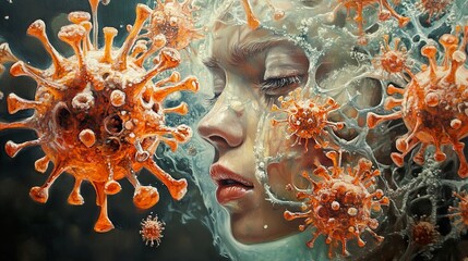 Wall Mural - Surreal Painting of a Human Face Surrounded by Viruses