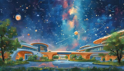 Futuristic university campus harmonizing traditional education and advanced technology beneath a starry night sky