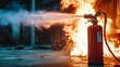 © tinnakorn - A fire extinguisher combating flames in an industrial setting, showcasing emergency response and safety equipment in action.