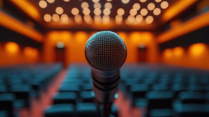 Microphone on a podium with a blurred seminar room or conference audience in the background. 