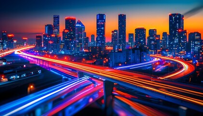 Wall Mural - Dynamic urban nightlife with illuminated cars and vibrant light trails reflecting modern transportation innovation