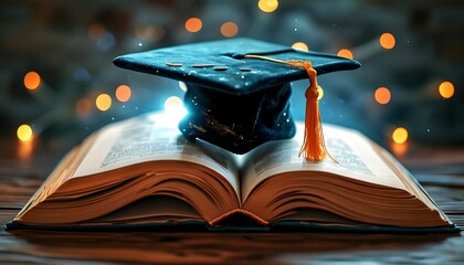 Modern graduation cap soaring above an open book, embodying the essence of knowledge and education in a tech-inspired artistic design