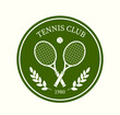 © Aleksey - Tennis club logo. Two rackets with ball in green cicrle. Competition and tournament. Logotype and emblem for company. Sticker for social networks. Flat vector illustration