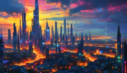 Wall Mural - Illuminated futuristic cityscape with vibrant technology highlighting the essence of modern urban life