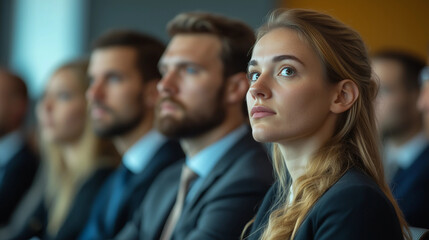 A group of business people at a conference or meeting, sitting in arow and listening to a presentation. Highlighting the focus and engagement of attendees.