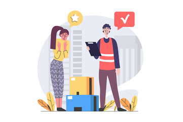 Leinwandbilder - Delivery concept in modern flat design for web. Courier with clipboard shipping parcel boxes and distributing orders to happy client at home. Fast shipment and postal logistics. Illustration.
