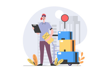 Leinwandbilder - Delivery concept in modern flat design for web. Courier with clipboard shipping parcels and moving cardboard boxes. Fast transportation company and postal logistics service. Illustration.