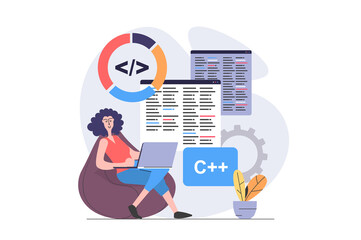 Aufkleber - Development and programming concept in modern flat design for web. Woman developer working at laptop and coding on screens, fixing bugs, making maintenance and optimization. Illustration.