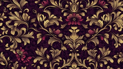 Wall Mural - Gold ornamental frame design with a seamless floral pattern background Elegant retro illustration with colored texture