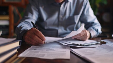 A closeup of a man in a striped shirt signing important documents at a wooden desk, symbolizing business or legal work.