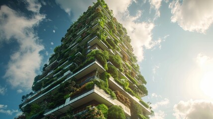 A towering green building covered in lush plants bathed in sunlight, showcasing innovative sustainable architecture amidst a clear blue sky.