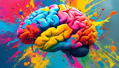 Wall Mural - Burst of Creativity: A Colorful Brain Amidst Dynamic Paint Splashes