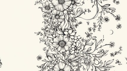 Wall Mural - Seamless circular pattern featuring floral motifs stylized flowers garlands doodles waves and ample space for text Hand drawn