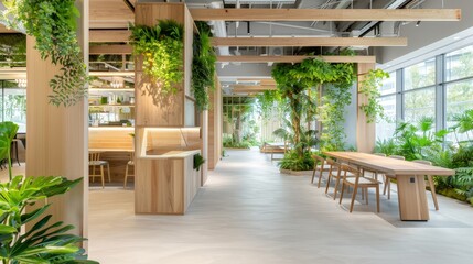 A bright, modern interior with wooden elements and lush greenery, creating a vibrant and inviting space for work or relaxation.