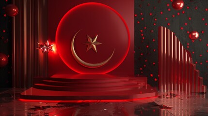 Elegant red display featuring a star and crescent, perfect for festive events or cultural celebrations with a luxurious backdrop.