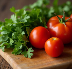 Wall Mural - Fresh tomatoes and cilantro on a wooden cutting board, symbolizing healthy eating and organic cooking