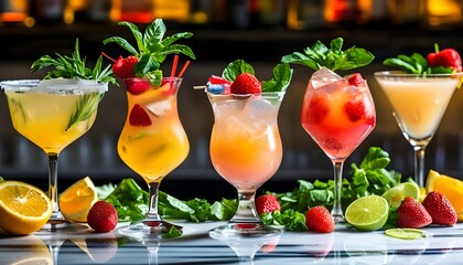 Wall Mural - Exquisite array of colorful cocktails adorned with fresh herbs and fruits on a chic marble surface