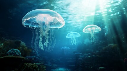 Stunning underwater scene featuring glowing jellyfish floating gracefully in serene ocean depths with rays of sunlight piercing through.