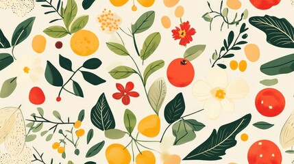 Wall Mural - Seamless pattern of leaves fruits and flowers