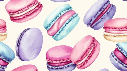 Wall Mural - Colorful watercolor seamless pattern featuring cream violet and turquoise macarons with berry pink cream viewed from the side