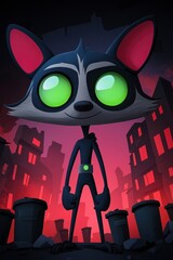 Sticker - Cartoon Raccoon Superhero in a City at Night