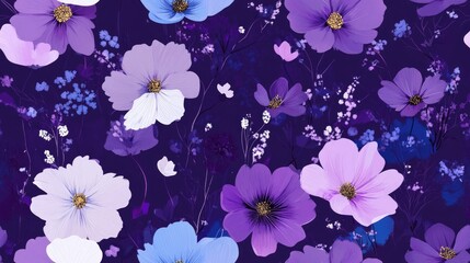 Sticker - Seamless floral design featuring delicate cosmos flowers against a purple backdrop