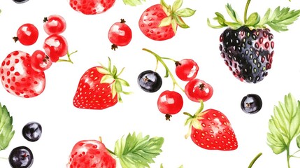 Wall Mural - Seamless watercolor pattern featuring strawberries red and black currants on a white background