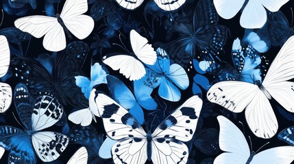 Wall Mural - Abstract pattern featuring various butterflies suitable for apparel and wallpaper design Seamless design in shades of white black and blue Fantasy inspired illustration