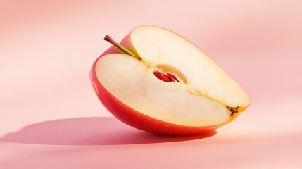 A fresh apple slice tumbling down on a pastel peach background, with a sharp focus on its juicy surface.