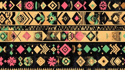 Seamless print featuring African repeat patterns Vintage boho style with geometric folk elements Indian inspired texture combined with Mexican design and Navajo motifs Color palette includes black