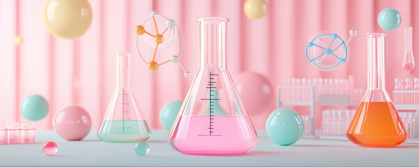 Sticker - Colorful Laboratory Flasks with Pink, Green and Orange Liquids.