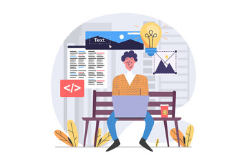 Aufkleber - Freelance concept in modern flat design for web. Man freelancer working online and sitting at park bench, brainstorming and programming new product, developing software outdoor. Illustration.