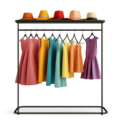 A rack with various garments and hats on a white background, displaying a display.
