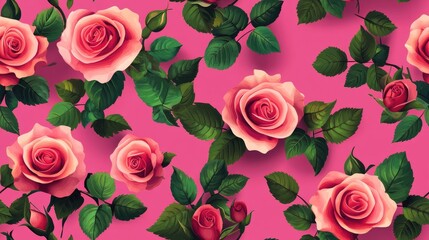 Wall Mural - Spring paper featuring charming rose flowers and green leaves against a magenta backdrop Floral seamless pattern Raster illustration