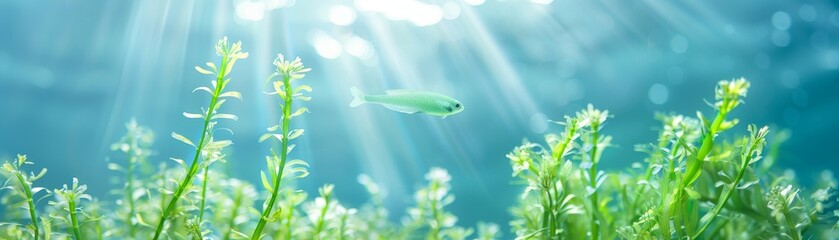 A serene underwater scene featuring green aquatic plants with light rays filtering through the water, creating a tranquil atmosphere.