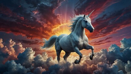 Wall Mural - Majestic unicorn with wings soaring through colorful clouds.