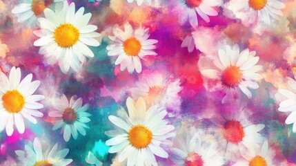 Wall Mural - Abstract Pattern of Daisy Flowers Featuring Grunge Tie Dye Watercolor Texture