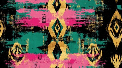 Wall Mural - Ikat art featuring an African seamless pattern Navajo retro style Cherokee print vintage Peruvian design and Indian tribal elements in black cyan pink green and gold