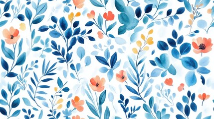 Floral seamless repeating pattern featuring watercolor hand drawn elements such as leaves herbs flowers and seeds Abstract blue and colorful design suitable for textile fabric and interior decorat