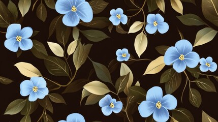 Sticker - Seamless pattern illustration of blue flowers and green leaves on a dark brown background