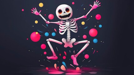 Canvas Print - Happy Skeleton Dancing with Colorful Spheres