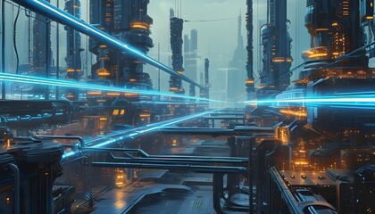 Wall Mural - Futuristic industrial landscape featuring glowing blue lines, intricate machinery, and advanced technology establishing a vibrant cybernetic atmosphere