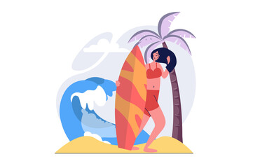 Hobby concept in modern flat design for web. Woman with surfboard doing extreme water sport at seaside resort, surfing and relaxing in favorite leisure and pastime activity. Illustration.