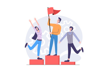 Leinwandbilder - Leadership concept in modern flat design for web. Businesswoman and businessman getting win and flag top reward, celebrating competition victory with best places at pedestal. Illustration.