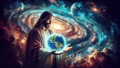 Jesus Christ holds the globe in his hands on the background of the sky with stars and galaxies, God's care for the earth