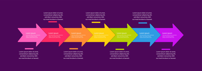 Infographic Timeline Arrow. Modern Color Design Elements. Vector Time Line Seven Key Points.