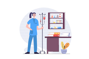 Poster - Medicine concept in modern flat design for web. Nurse with dropper helps patients in hospital wards, doing assistance, supports in intensive resuscitation, taking care in clinic. Illustration.