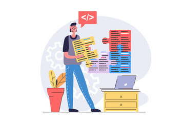 Canvas Print - programmers concept in modern flat design for web. developer working with program code at laptop, en