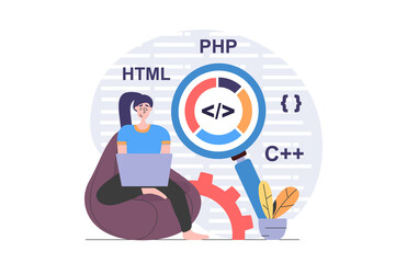 Canvas Print - programmers concept in modern flat design for web. woman developer working with program code and mak